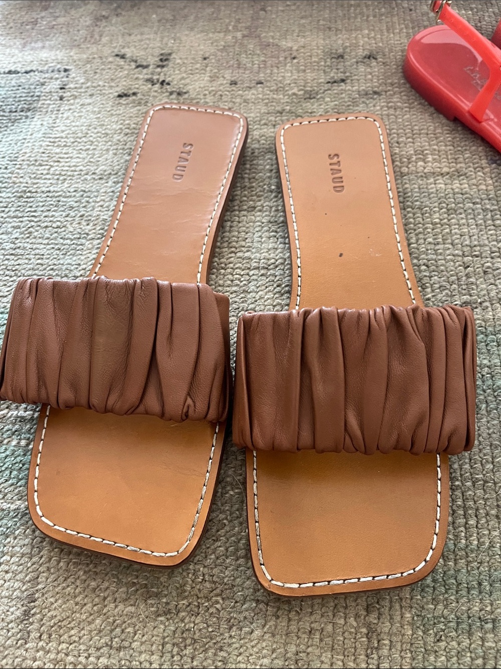 STAUD Tan Ruched Leather Slide Sandals-size 38